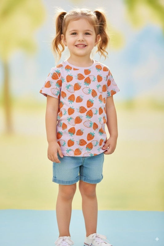 PRIMARK Kids’ Strawberry Print T-Shirt – Pink & Orange All - Over Pattern - Smgarment's