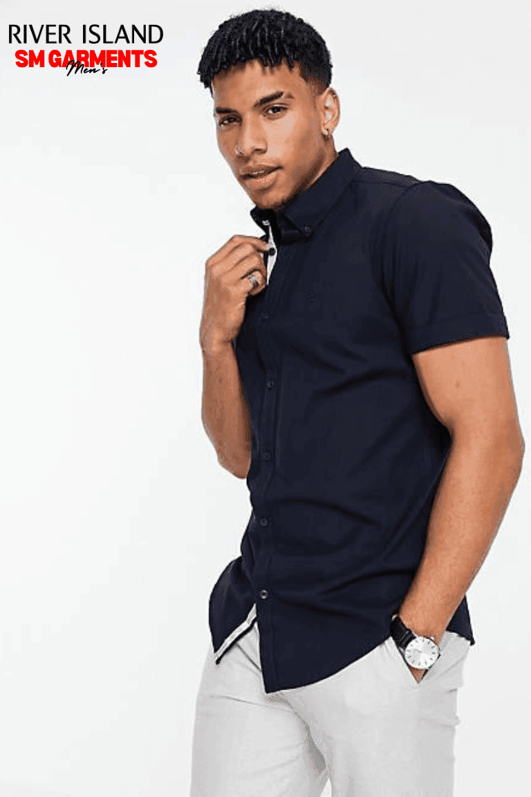 RIVER ISLAND MAISON RIVIERA NAVY SHORT SLEEVE OXFORD SHIRT - SMgarment's