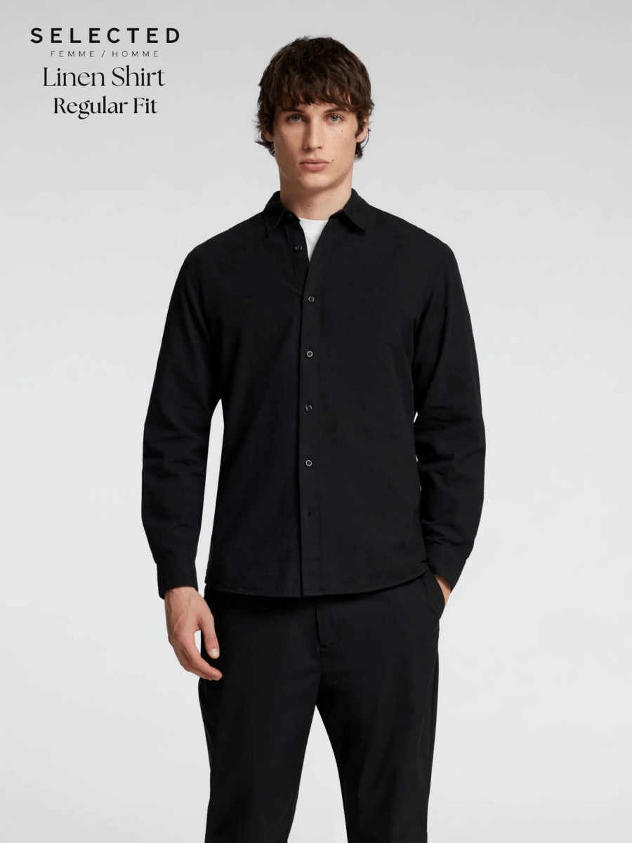 SELECTED HOMME LONG SLEEVED LINEN BLACK SHIRT - Smgarment's