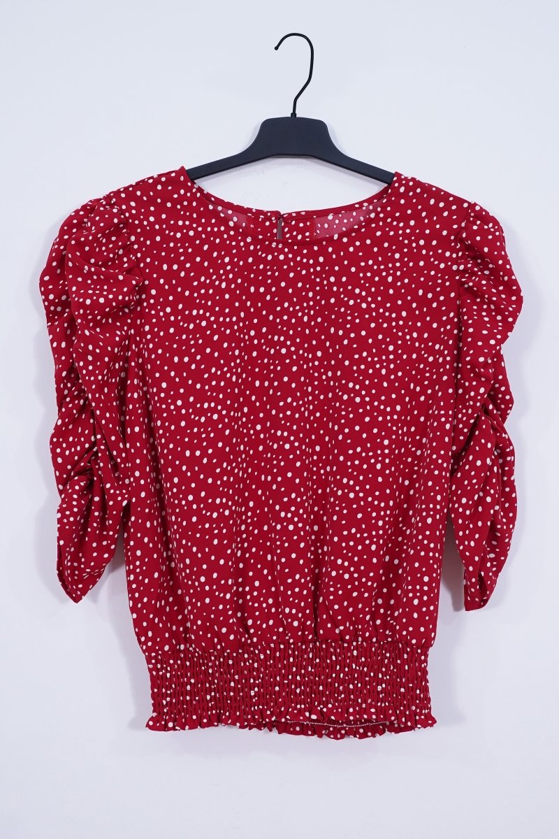 SHEIN WOMEN'S Ruby Dot Red & White Smocked Hem Blouse - Smgarment's