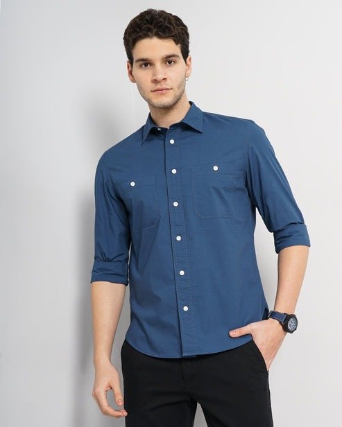 Solid Regular Fit Cotton Blue Shirt - Smgarment's