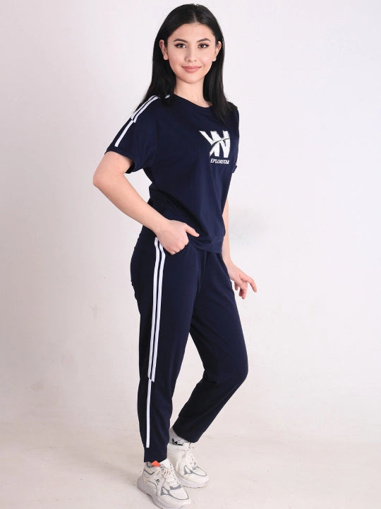 Women's Navy & White Short-Sleeve Tracksuit Set