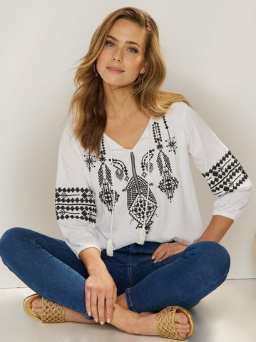 VENCA 3/4 SLEEVE T - SHIRT WITH EMBOSSED PRINT - SMgarment's