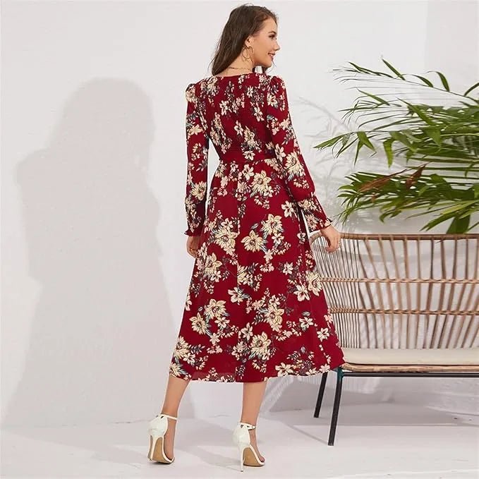 Vintage Floral Print Long Sleeve Dress - Smgarment's