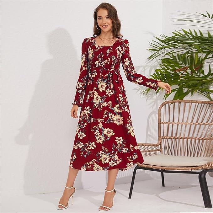 Vintage Floral Print Long Sleeve Dress - Smgarment's