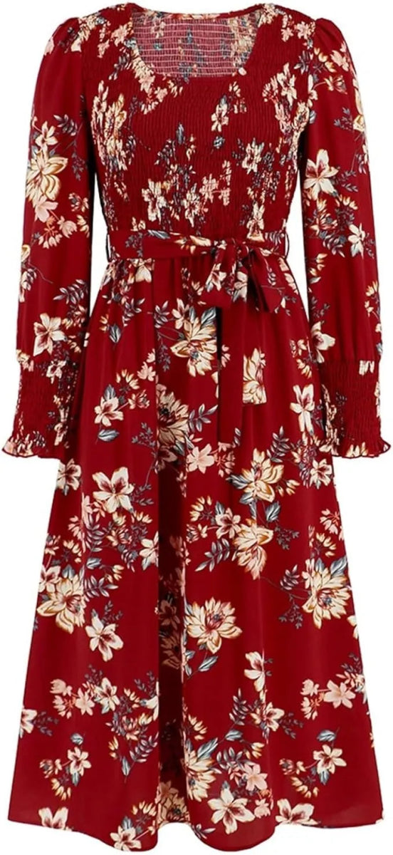 Vintage Floral Print Long Sleeve Dress - Smgarment's