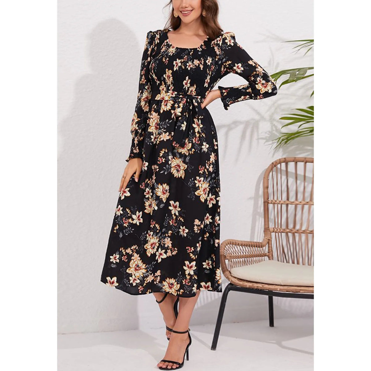 Vintage Floral Print Long Sleeve Dress - Smgarment's