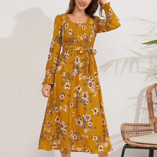 Vintage Floral Print Long Sleeve Dress - Smgarment's