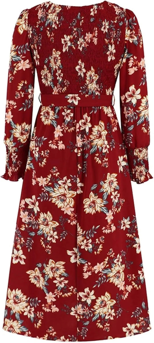 Vintage Floral Print Long Sleeve Dress - Smgarment's