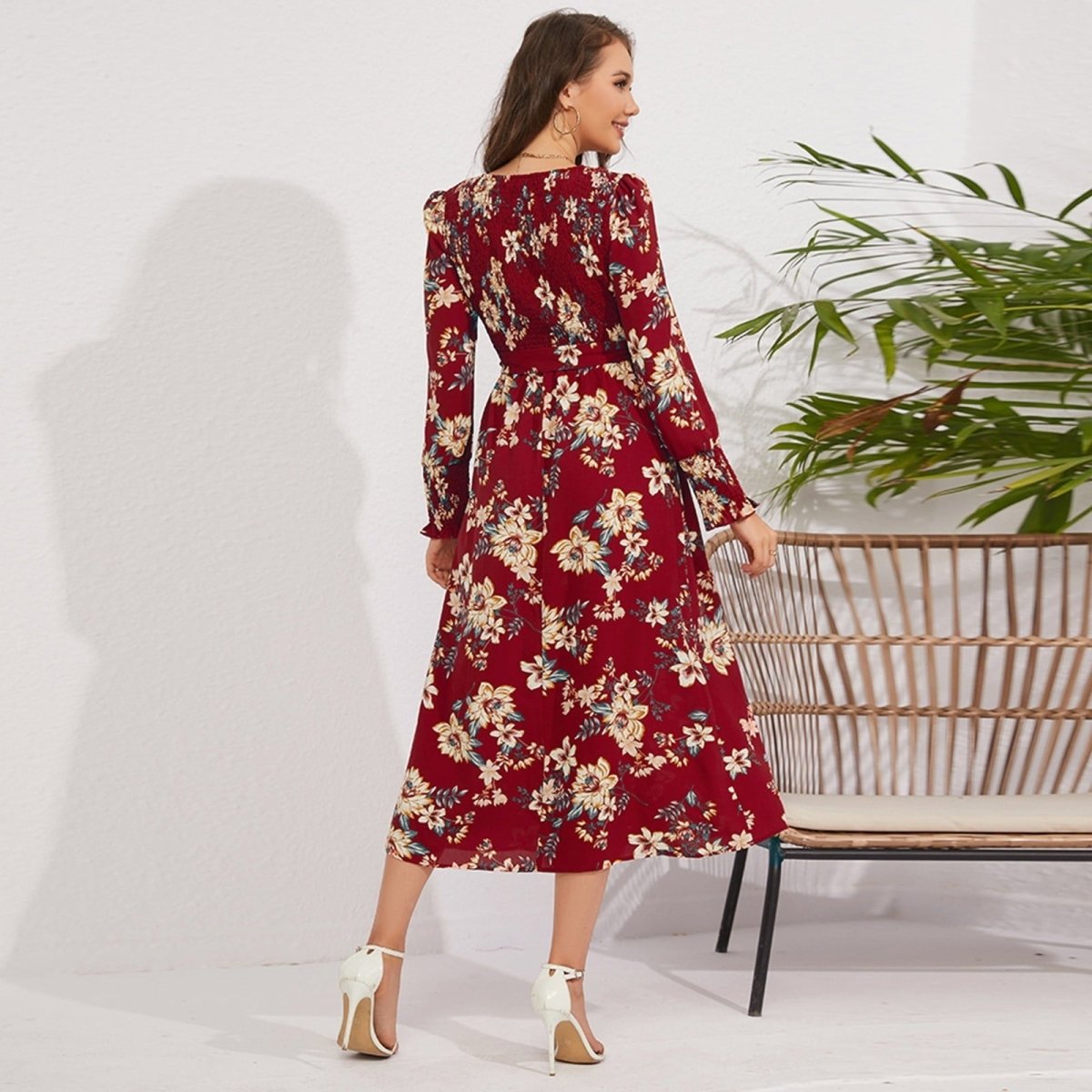 Vintage Fragmented Flower Mid Length Fashion Dress - Smgarment's