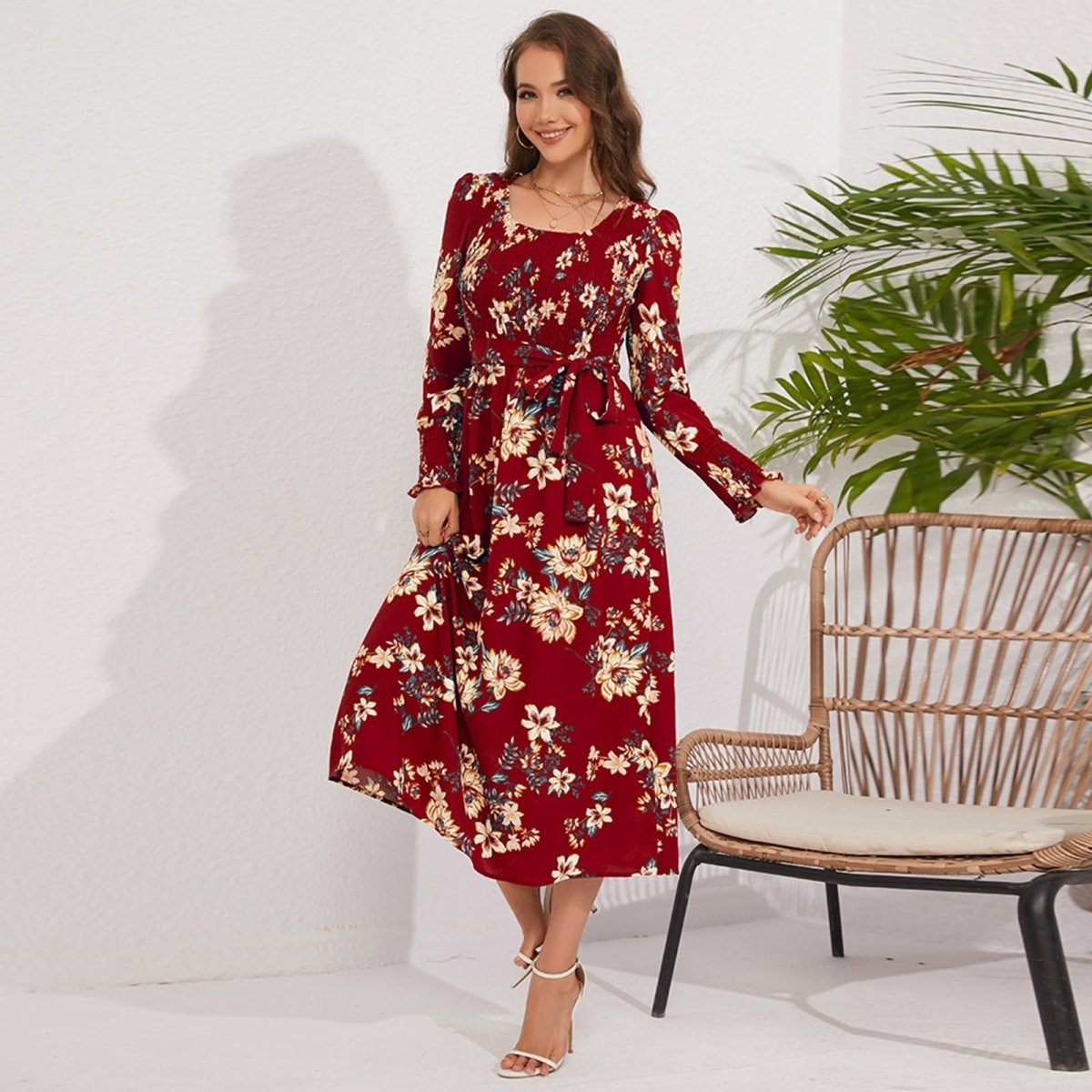 Vintage Fragmented Flower Mid Length Fashion Dress - Smgarment's