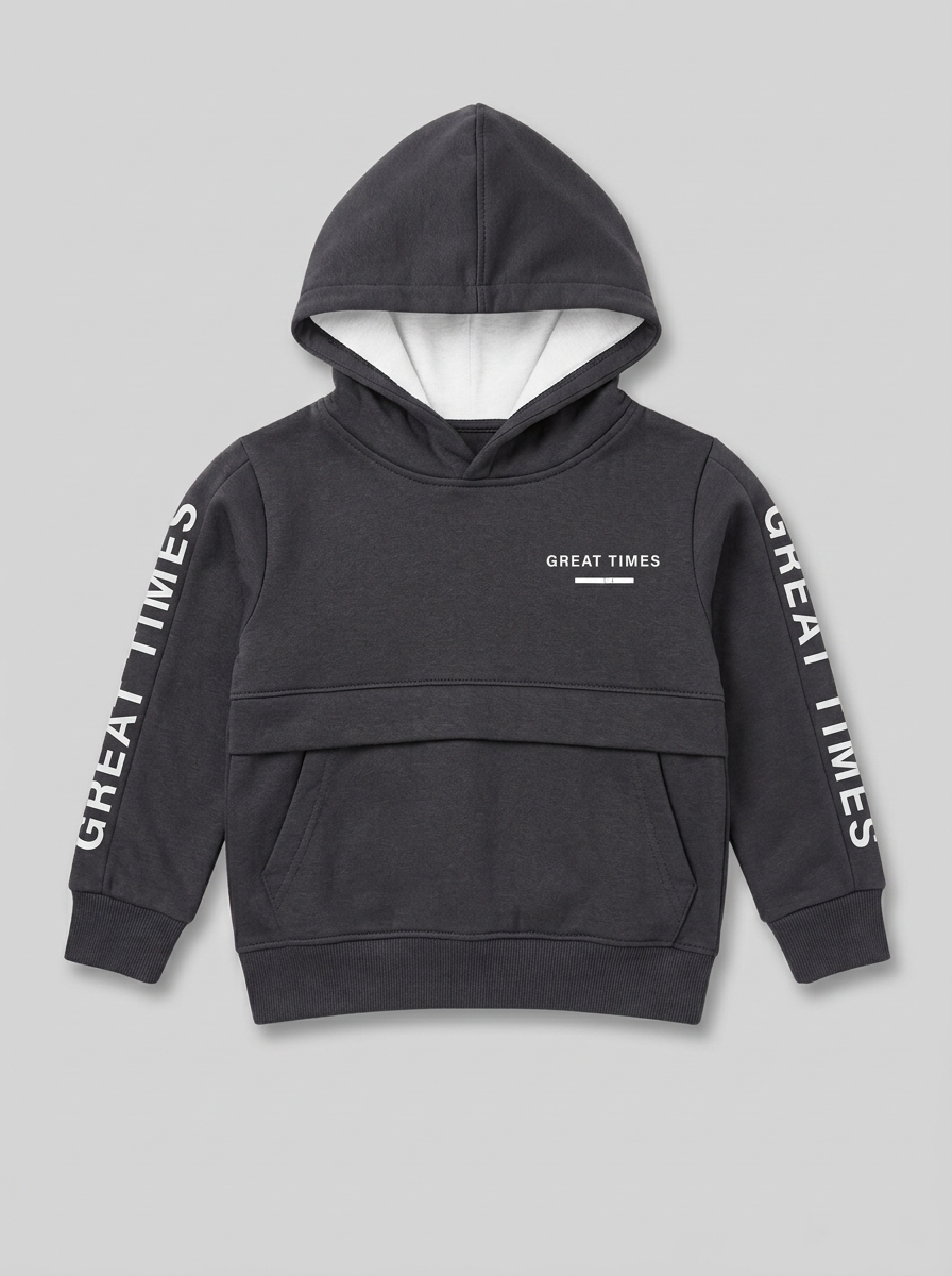 BOYS "Great Times" Slogan Pullover Hoodie – Charcoal Grey Graphic Sweatshirt