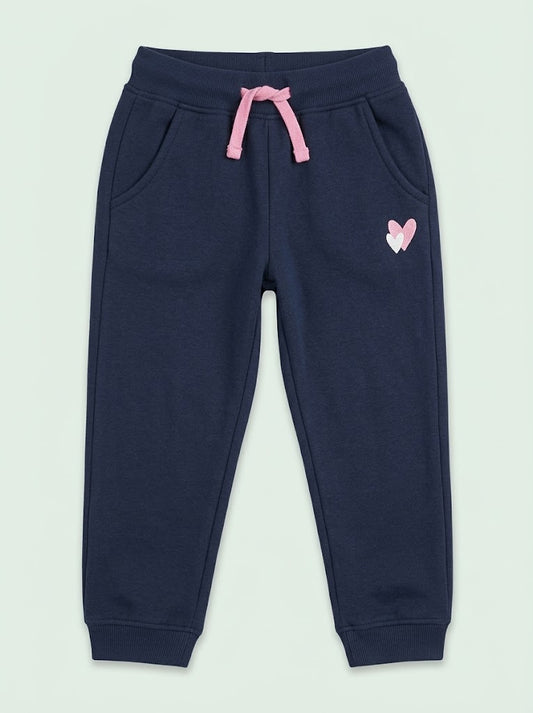 Girls' Casual Cotton-Blend Fleece Joggers with Heart Details – Navy Blue