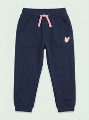 Girls' Casual Cotton-Blend Fleece Joggers with Heart Details – Navy Blue