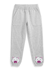 Girls Branded Heather Grey Cat Face Applique Casual Fleece Jogger Pants| SM GARMENTS