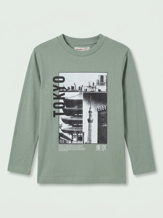 Boys' Casual Cotton "Tokyo" Graphic Long-Sleeve T-Shirt – Sage Green