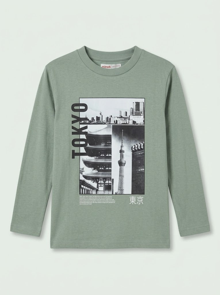 Boys' Casual Cotton "Tokyo" Graphic Long-Sleeve T-Shirt – Sage Green