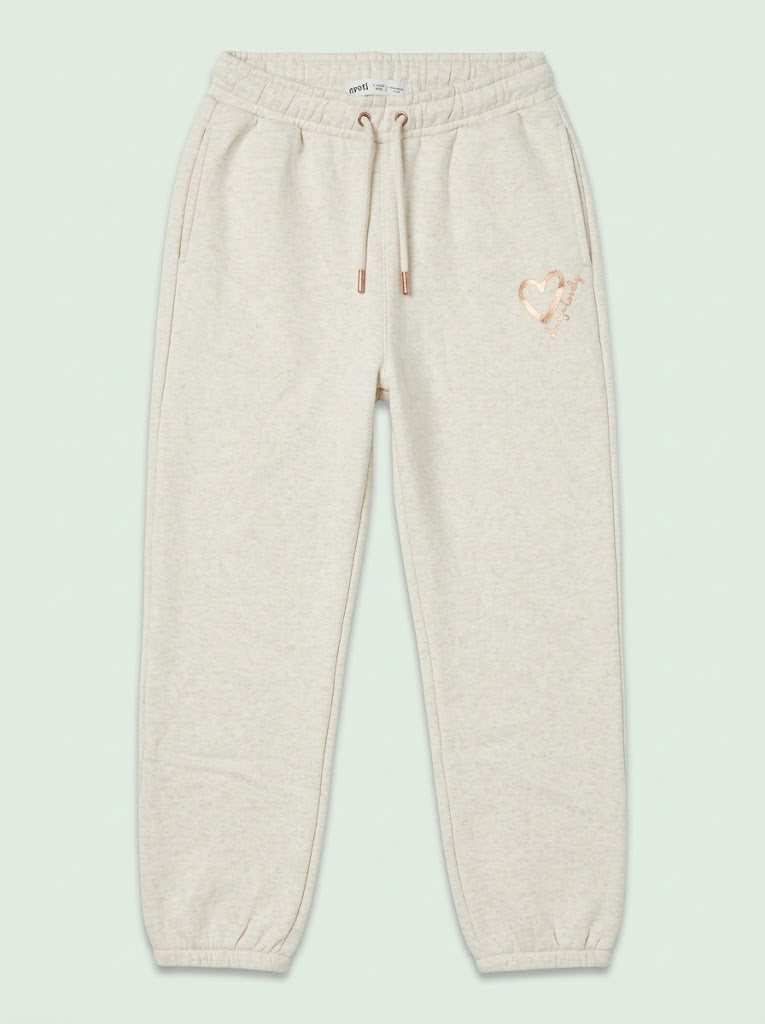 Girls Cream Heather Jogger Pants with Gold Heart Graphic and Drawstring Waist