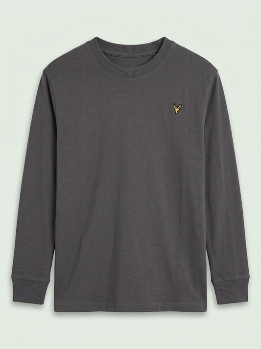 Boys' Casual Cotton-Blend Long-Sleeve T-Shirt with Chest Embroidery – Dark Gray