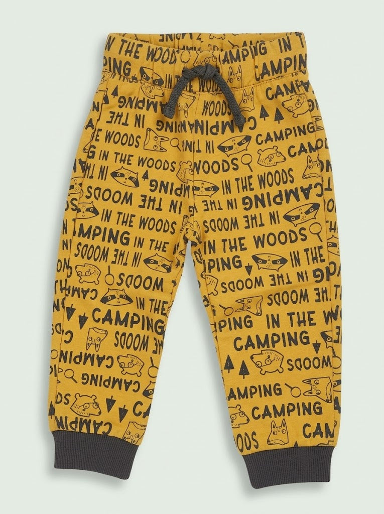 Boys’ Printed Yellow Jogger Pants – Camping In The Woods All-Over Graphic Trousers