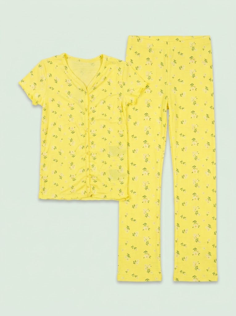 HM Girls' 2-Piece Yellow Floral Button-Front V-Neck Top and Flare Pants Set