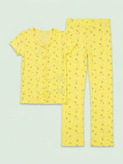 HM Girls' 2-Piece Yellow Floral Button-Front V-Neck Top and Flare Pants Set