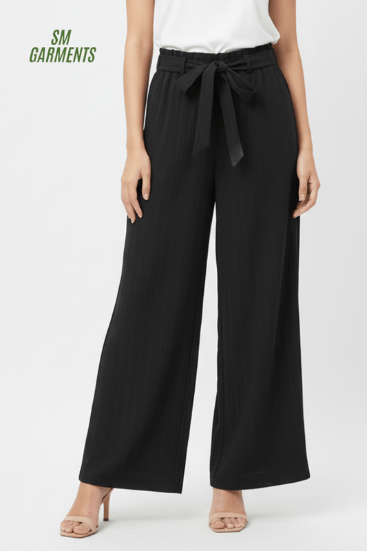 WOMENS Black High - Waist Wide - Leg Trouser with Tie Belt - Smgarment's