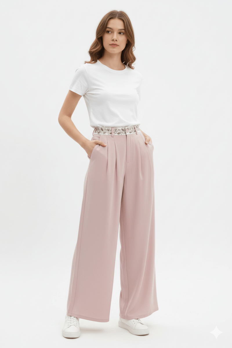 WOMENS Blush Pink Palazzo Pants with Detailed Waist - Smgarment's