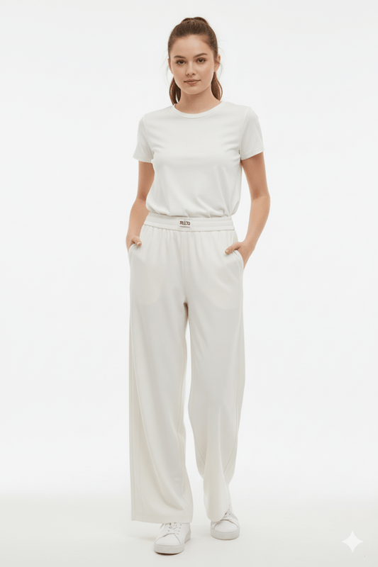 WOMENS Milky White Palazzo Pants with Detailed Waist - Smgarment's
