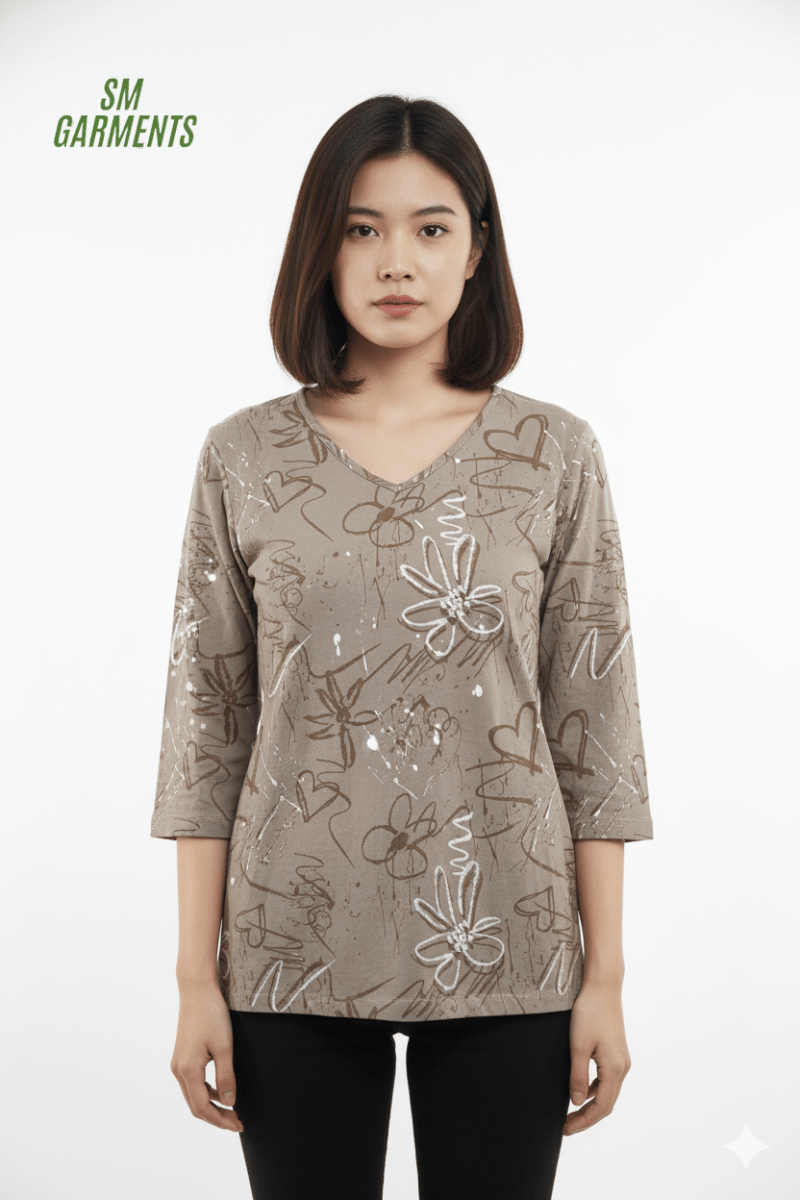 WOMENS PRINTED FULL SLEEVE V NECK T SHIRT - Smgarment's